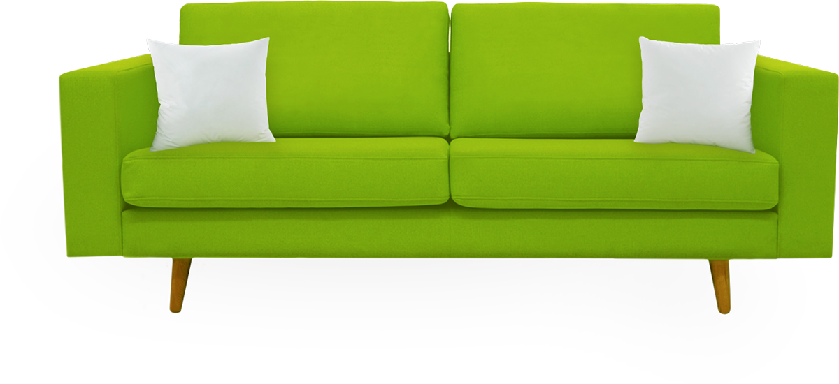 Comfortable green sofa with two white pillows
